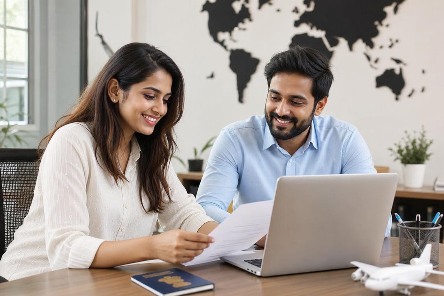 Smiling Indian couple reviewing travel documents and a laptop in a travel agency with an Indian passport and world map in the background.