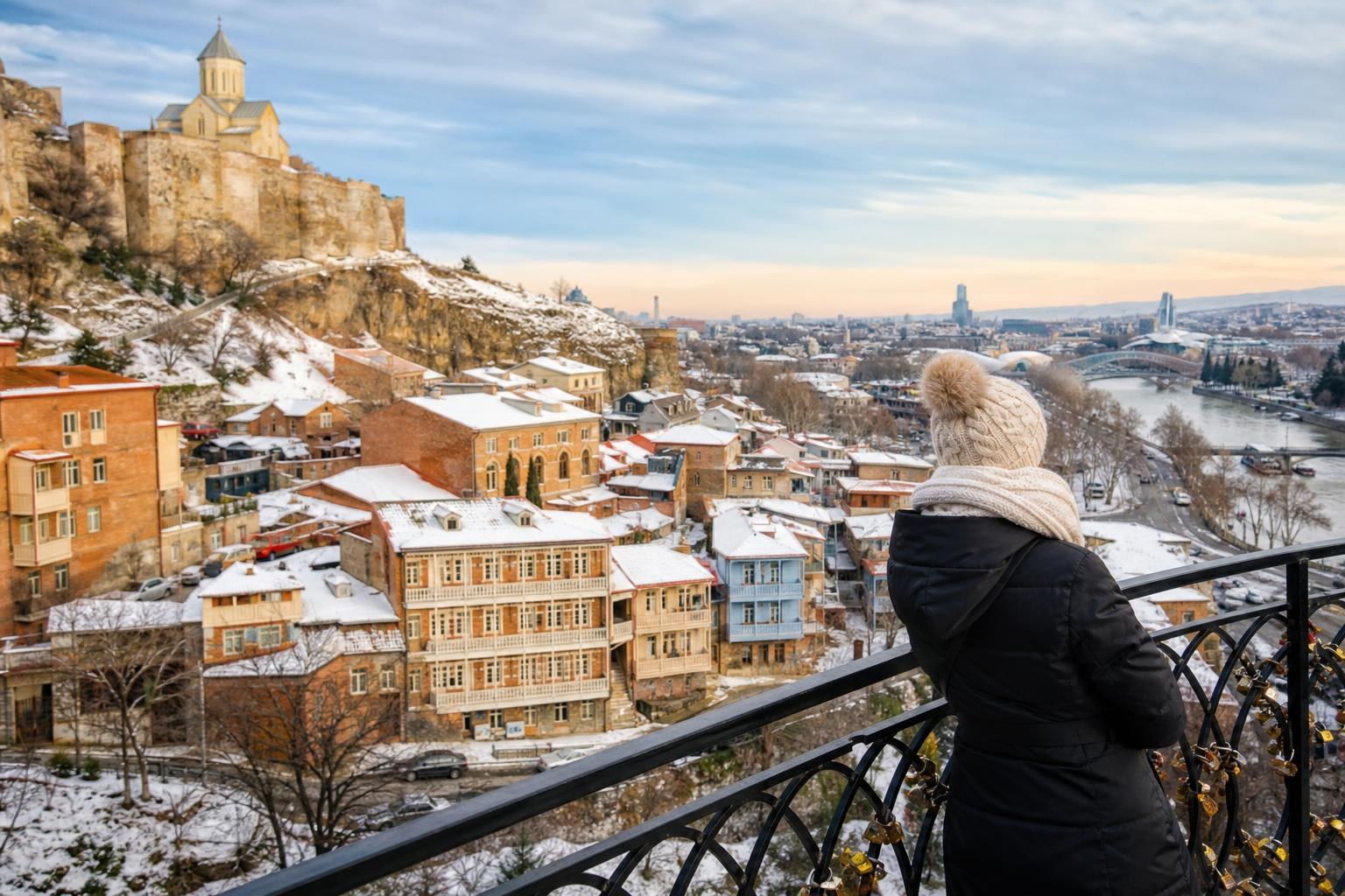 Woman in a winter coat and beanie overlooking snow-dusted Tbilisi rooftops, Narikala Fortress, and the Kura River from a scenic balcony.