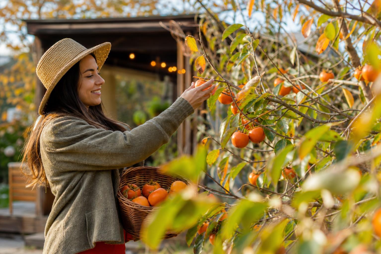 Smiling woman in a straw hat picking ripe orange persimmons from a tree into a wicker basket during a sunny autumn harvest.