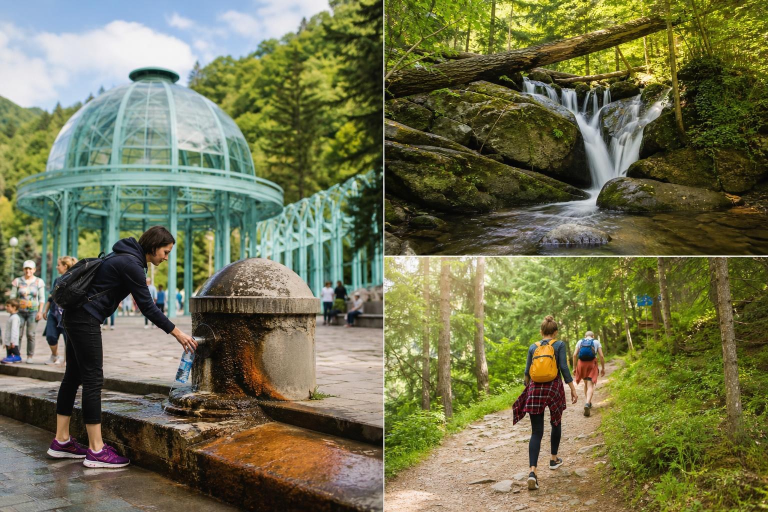 Collage showing a woman filling a bottle at a mineral spring pavilion, a waterfall over mossy rocks, and hikers on a sunlit forest trail.