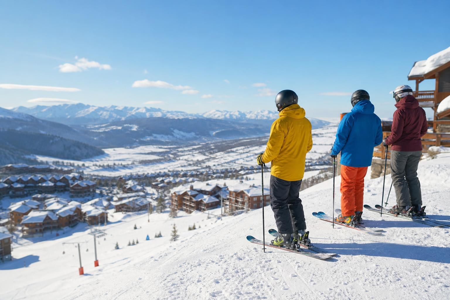 Three skiers in colorful gear stand on a snowy peak overlooking a mountain valley resort under a clear blue sky.