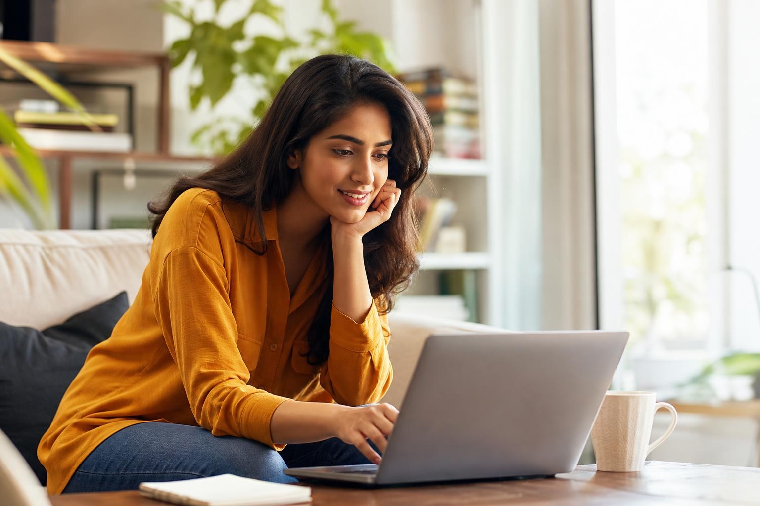 Smiling Indian woman in a yellow shirt sitting on a sofa and using a laptop in a bright, modern living room.