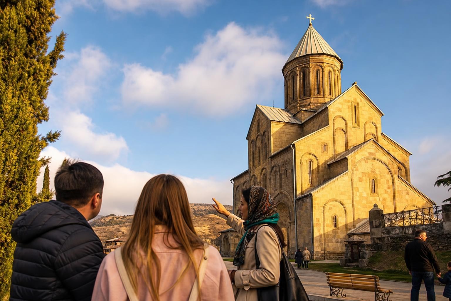 Tourists listen to a guide pointing toward the stone Samtavro Monastery under a blue sky in Mtskheta, Georgia.