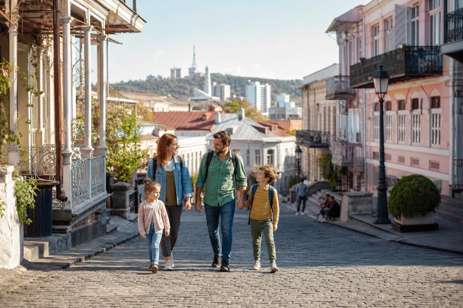 Family with two children walking down a cobblestone street in Tbilisi, surrounded by historic buildings with ornate balconies and a city view.