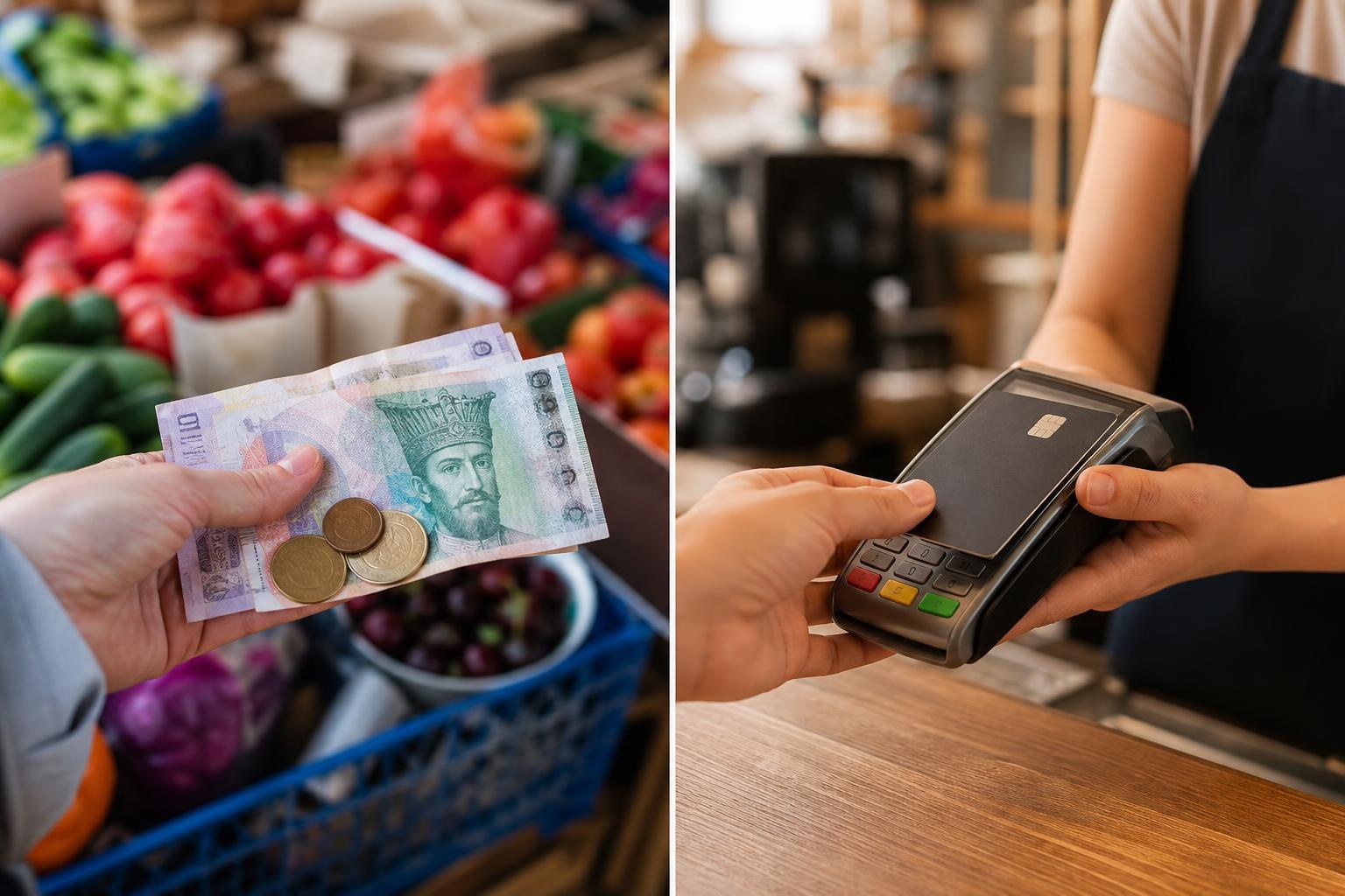Split screen showing a hand holding Georgian Lari cash at a produce market next to a person tapping a credit card on a payment terminal.