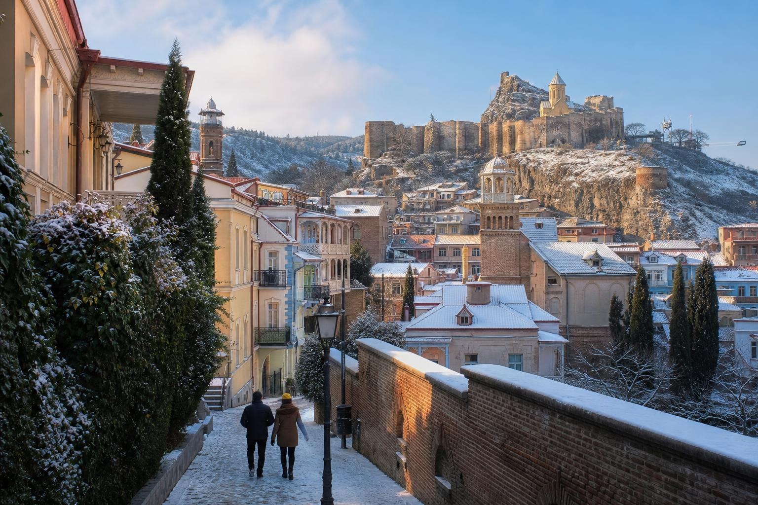 Couple walking down a snowy Tbilisi street toward the Narikala Fortress on a sunlit winter morning.