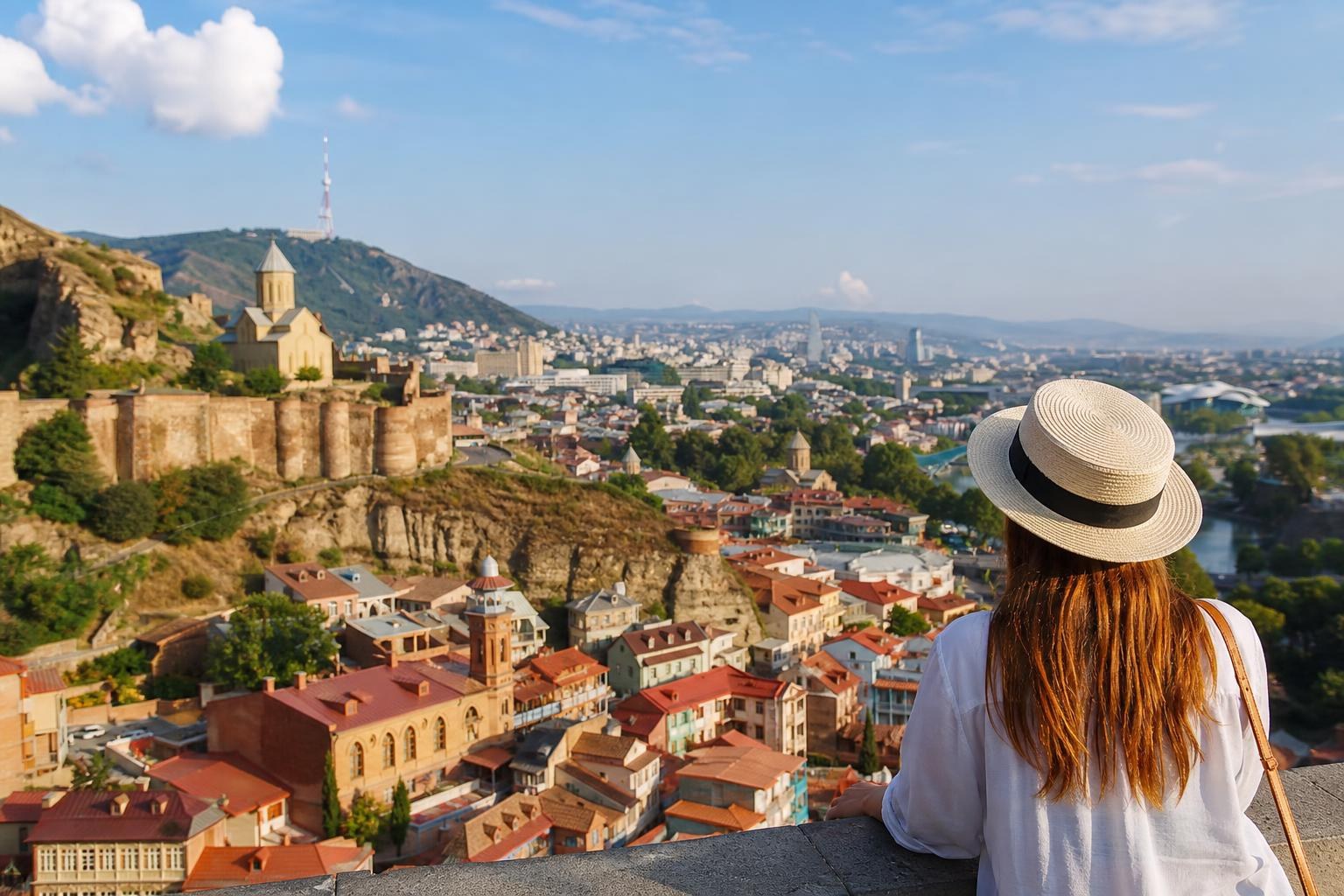 Woman in a straw hat overlooking the Tbilisi skyline, featuring Narikala Fortress and red-roofed buildings under a clear blue sky.