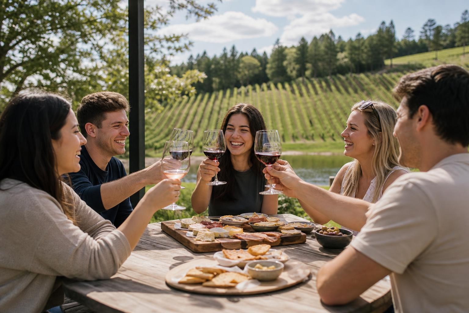 Five young adults smiling and toasting with glasses of wine at an outdoor wooden table overlooking a lush green vineyard.
