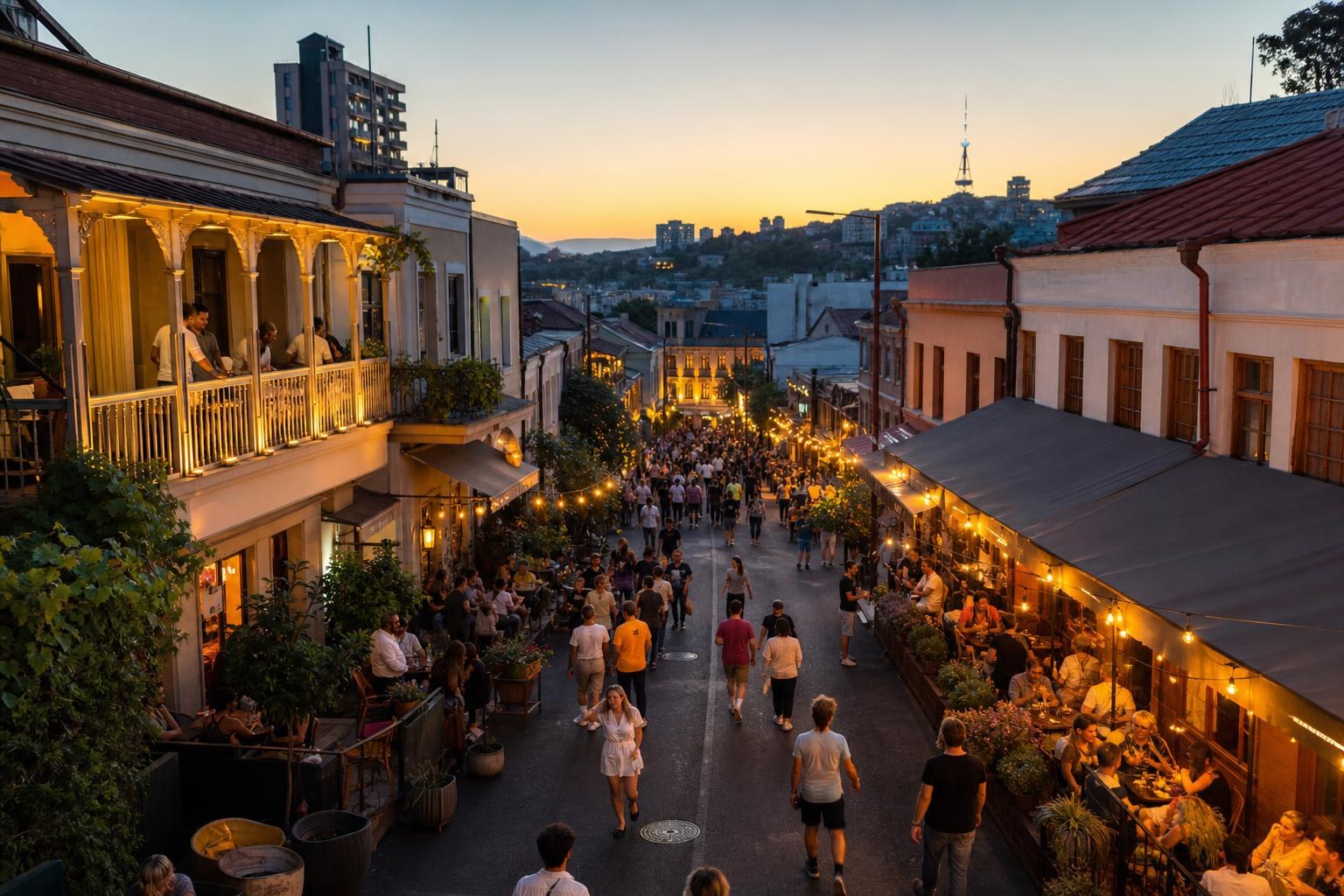 Crowded pedestrian street in Tbilisi at sunset with people dining at outdoor cafes under warm string lights and historic balconies.