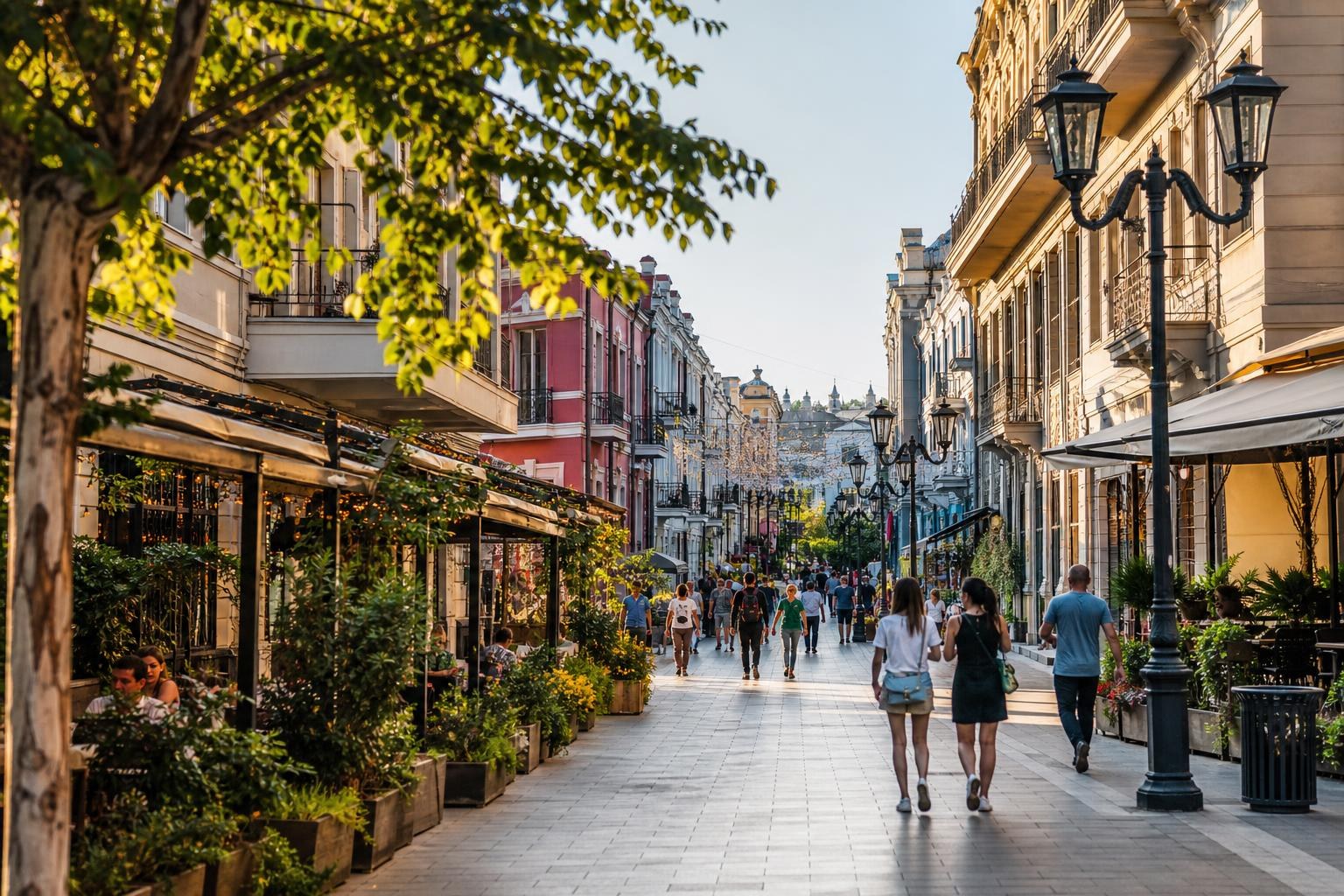 People walking down a sunny, cobblestone pedestrian street in Tbilisi lined with historic European-style buildings and outdoor cafe terraces.