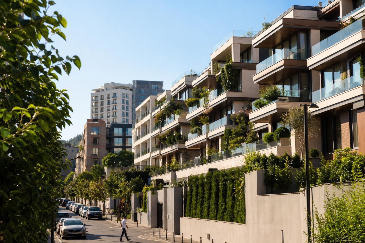 Modern luxury apartment buildings with glass balconies and lush greenery along a sunlit city street in Tbilisi.