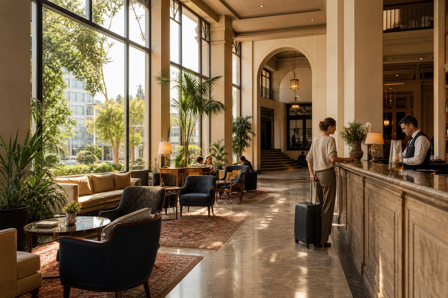 Elegant hotel lobby with high ceilings, floor-to-ceiling windows, velvet armchairs, and a guest checking in at a wooden reception desk.