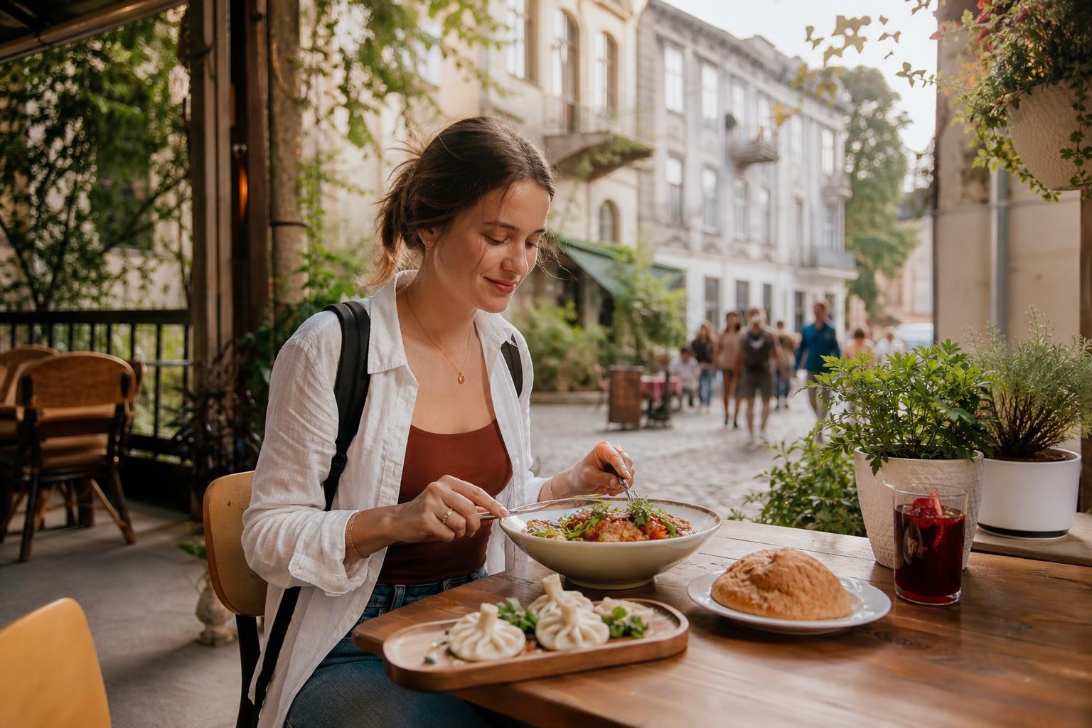 Woman eating khinkali and salad at a sunny outdoor cafe on a cobblestone street in Tbilisi, Georgia.