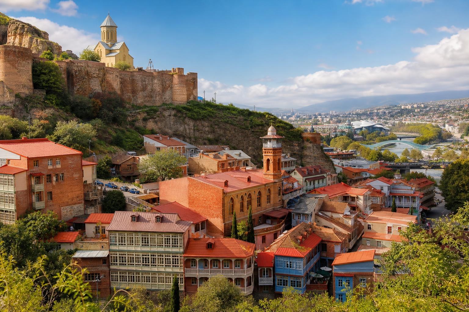 Colorful traditional houses with red roofs nestled below the Narikala Fortress and St. Nicholas Church overlooking the Kura River in Tbilisi.