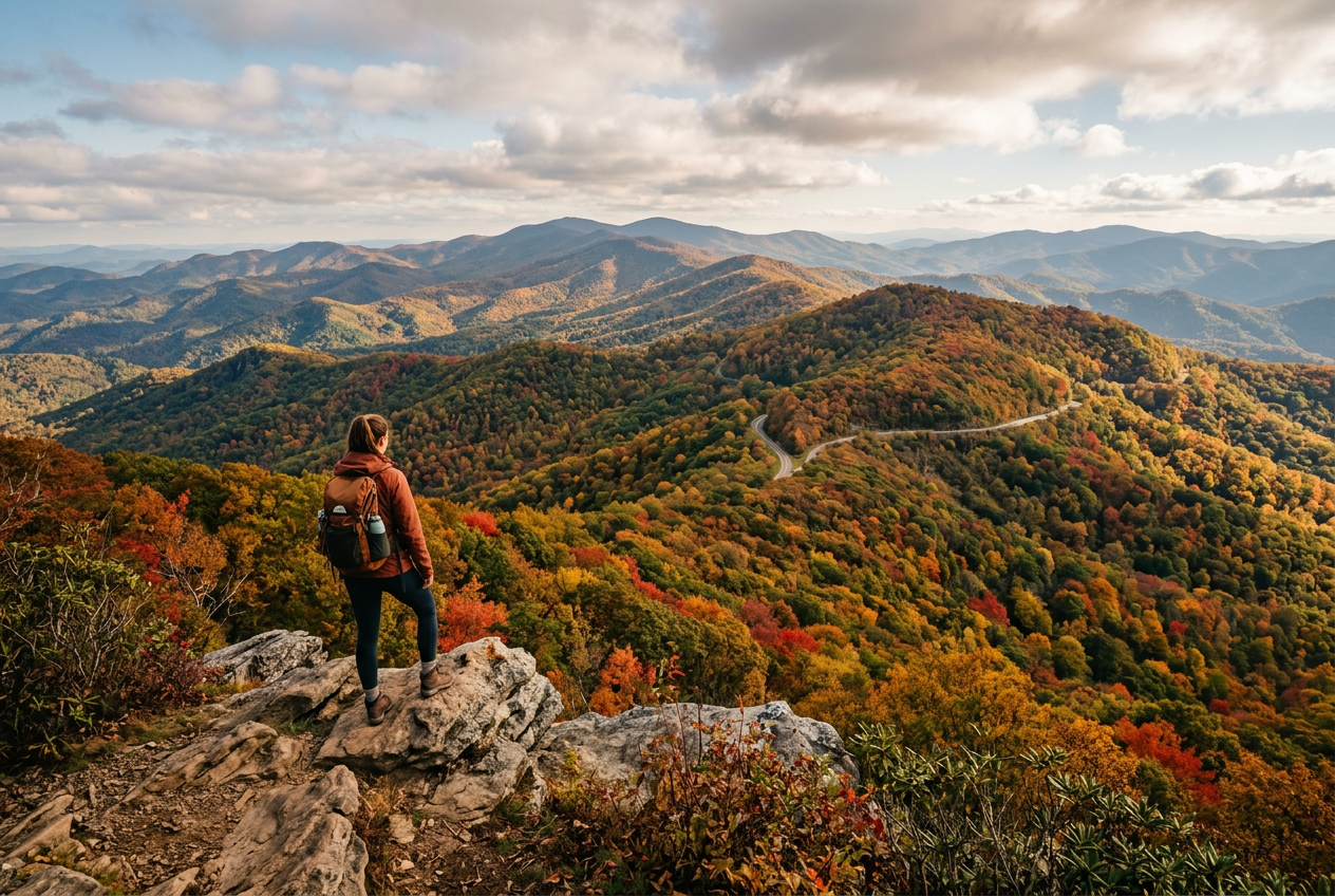 Hiker on a rocky peak overlooking vast Georgia mountains vibrant with autumn foliage and a winding road under a cloudy sky.