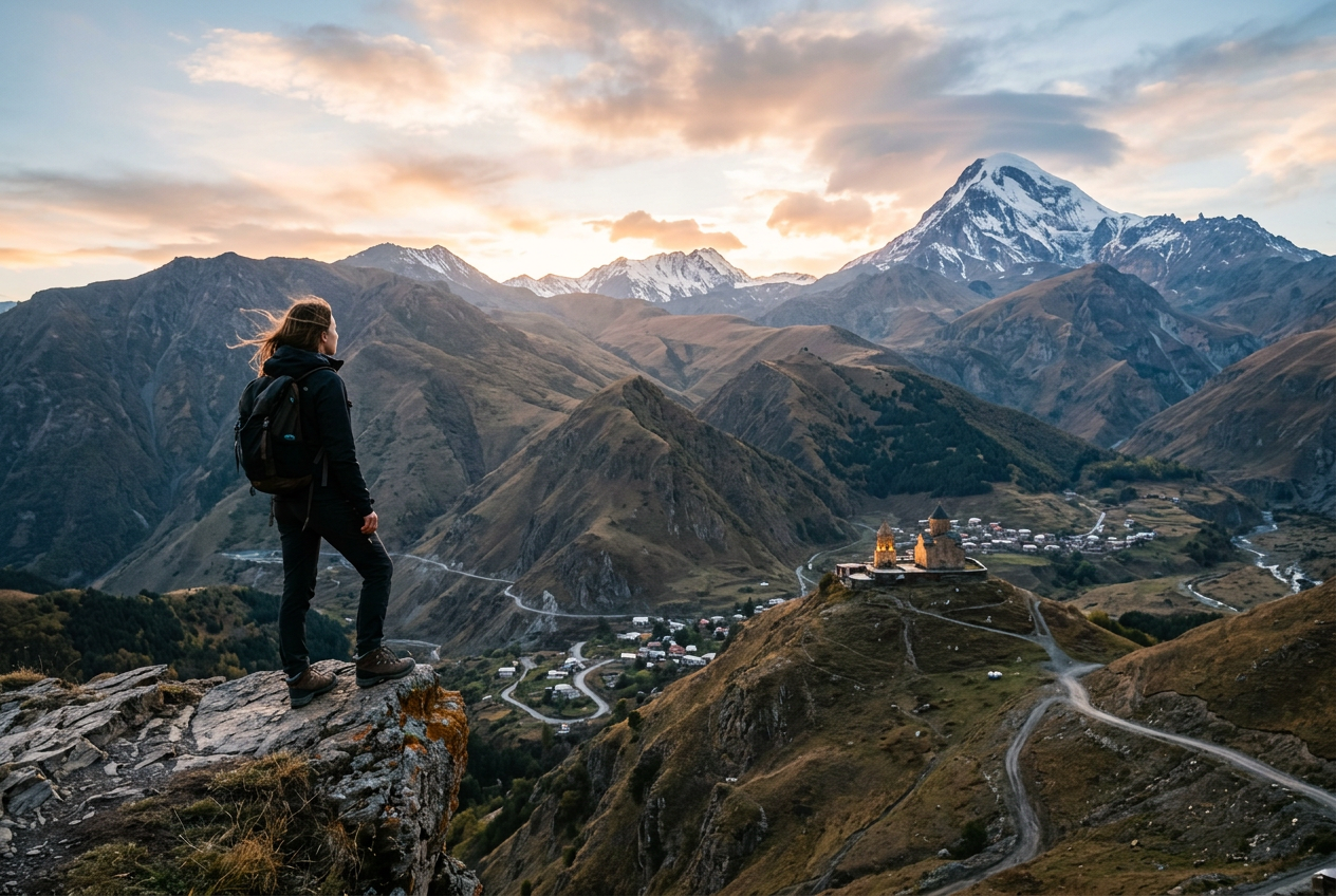 Hiker on a cliff overlooking a mountain range, a village, and a glowing church at sunset.