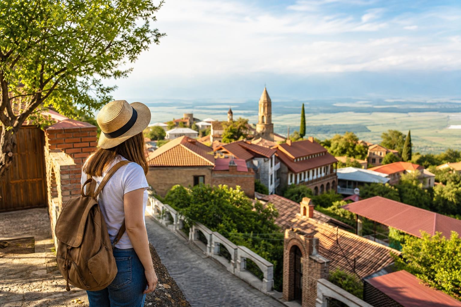 Woman with a backpack and straw hat overlooking the red-roofed buildings and church towers of Sighnaghi, Georgia, under a bright sky.