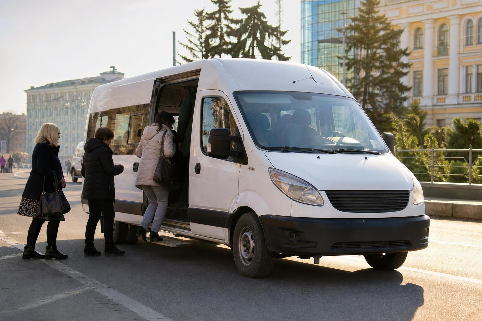 Passengers boarding a white marshrutka minibus parked on a sunny city street in front of classical European buildings.