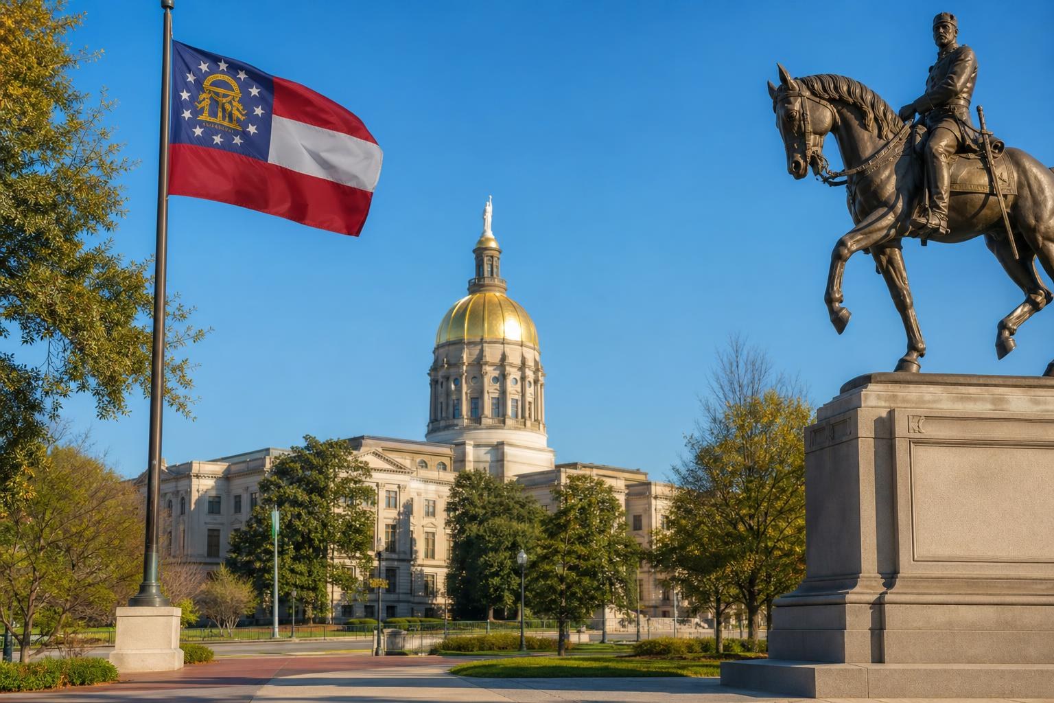 Georgia State Capitol building with its gold dome, the state flag waving, and a bronze equestrian statue under a clear blue sky.