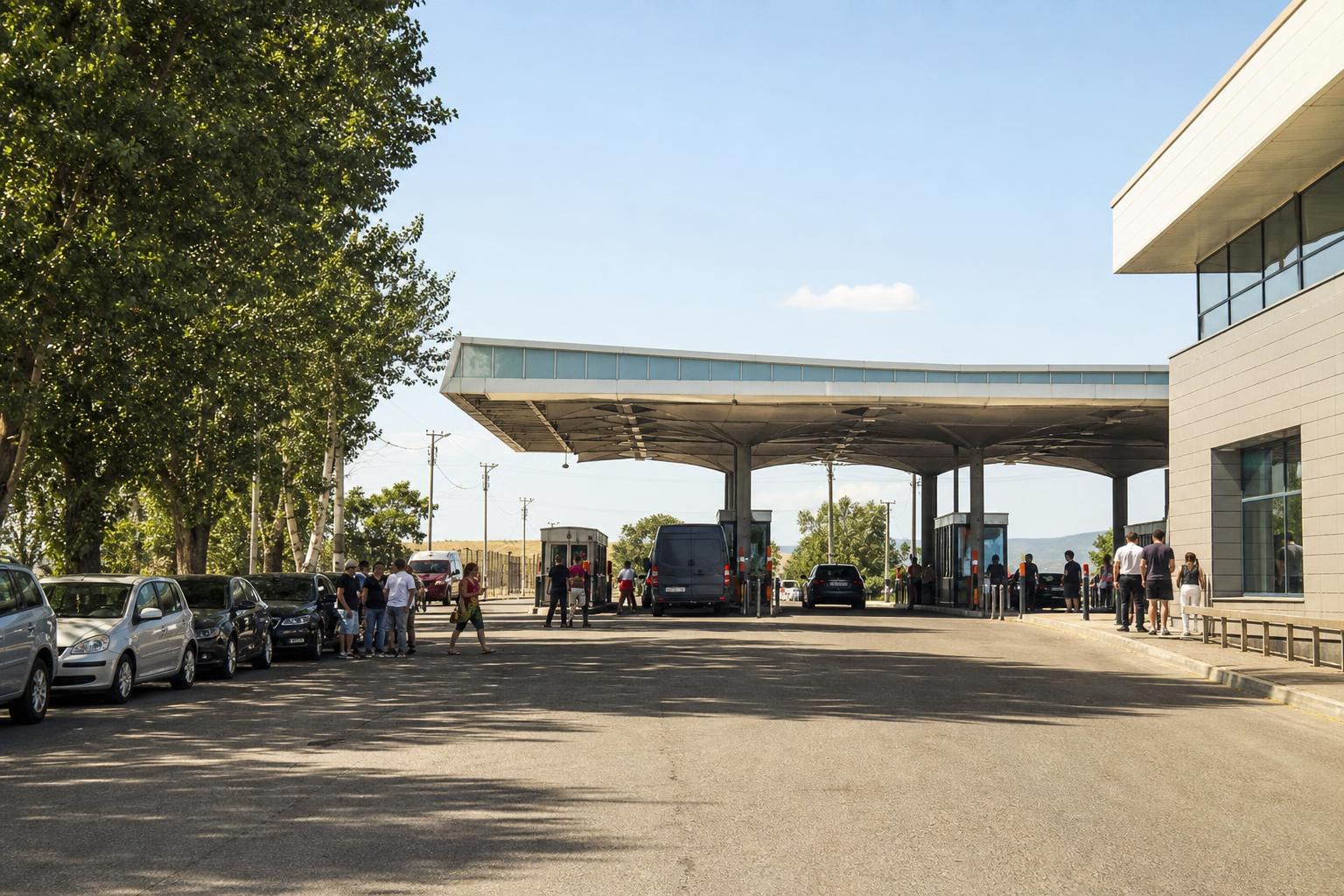 Cars and pedestrians queue under a large modern canopy at the Sadakhlo border crossing between Georgia and Armenia on a sunny day.