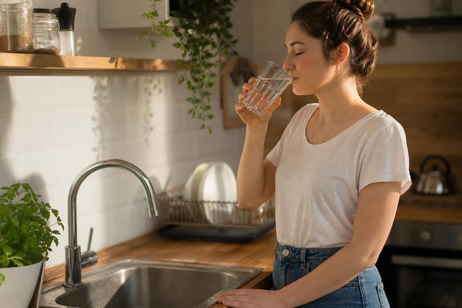 Young woman drinking a glass of clear water while standing in a sunlit kitchen next to a chrome faucet and sink.
