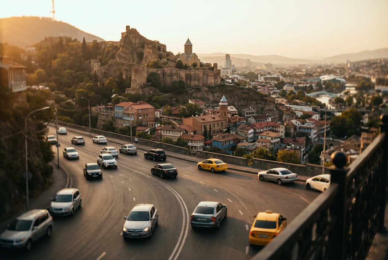 Cars on a winding road in Tbilisi, Georgia, with Narikala Fortress and old city buildings in the background at sunset.