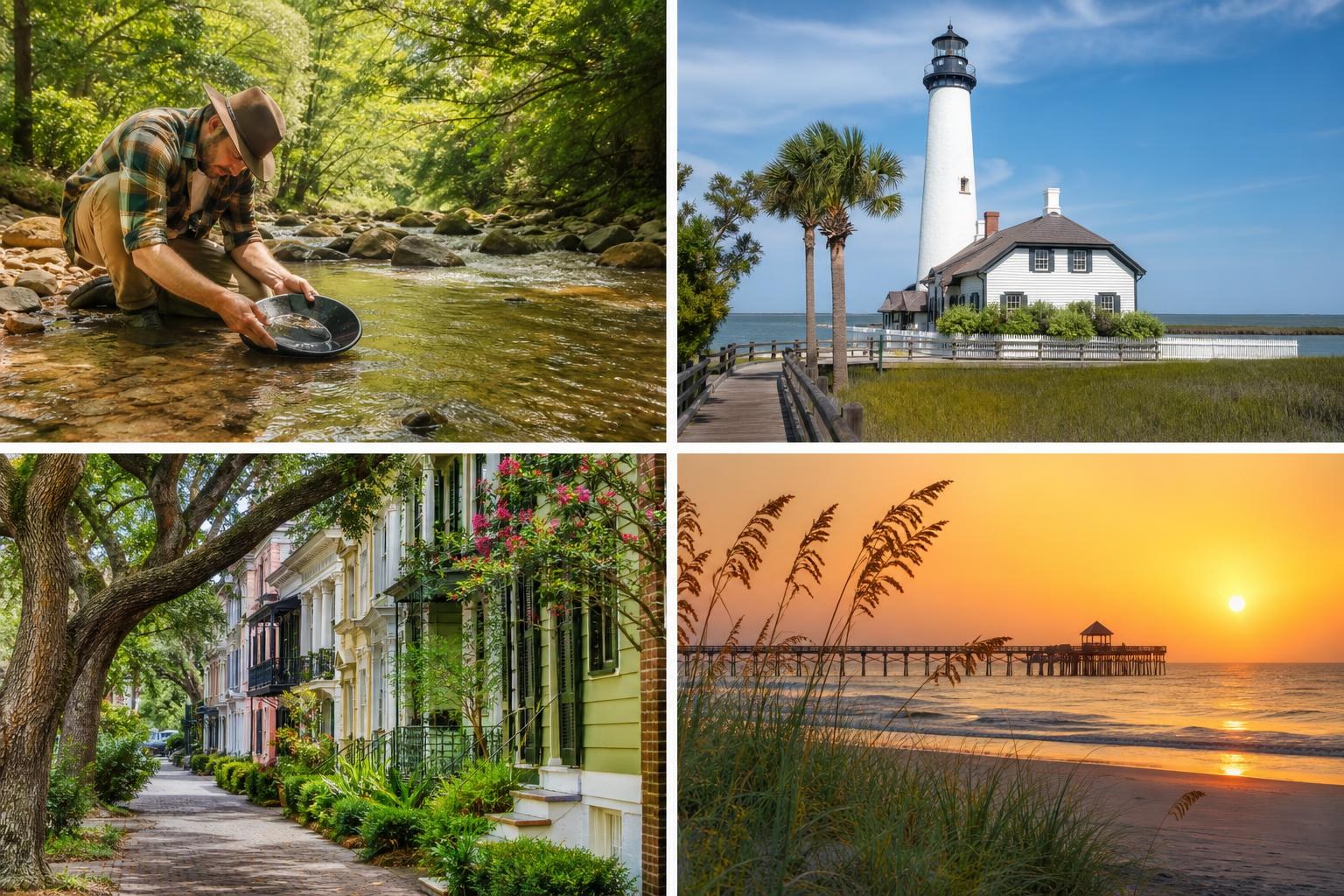 Four-panel collage featuring a man panning for gold, a coastal lighthouse, historic colorful townhomes, and a sunset over a beach pier.