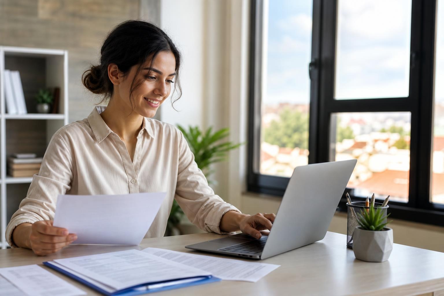 Smiling woman in a beige shirt sitting at a desk, holding a document and typing on a laptop in a bright, modern office.