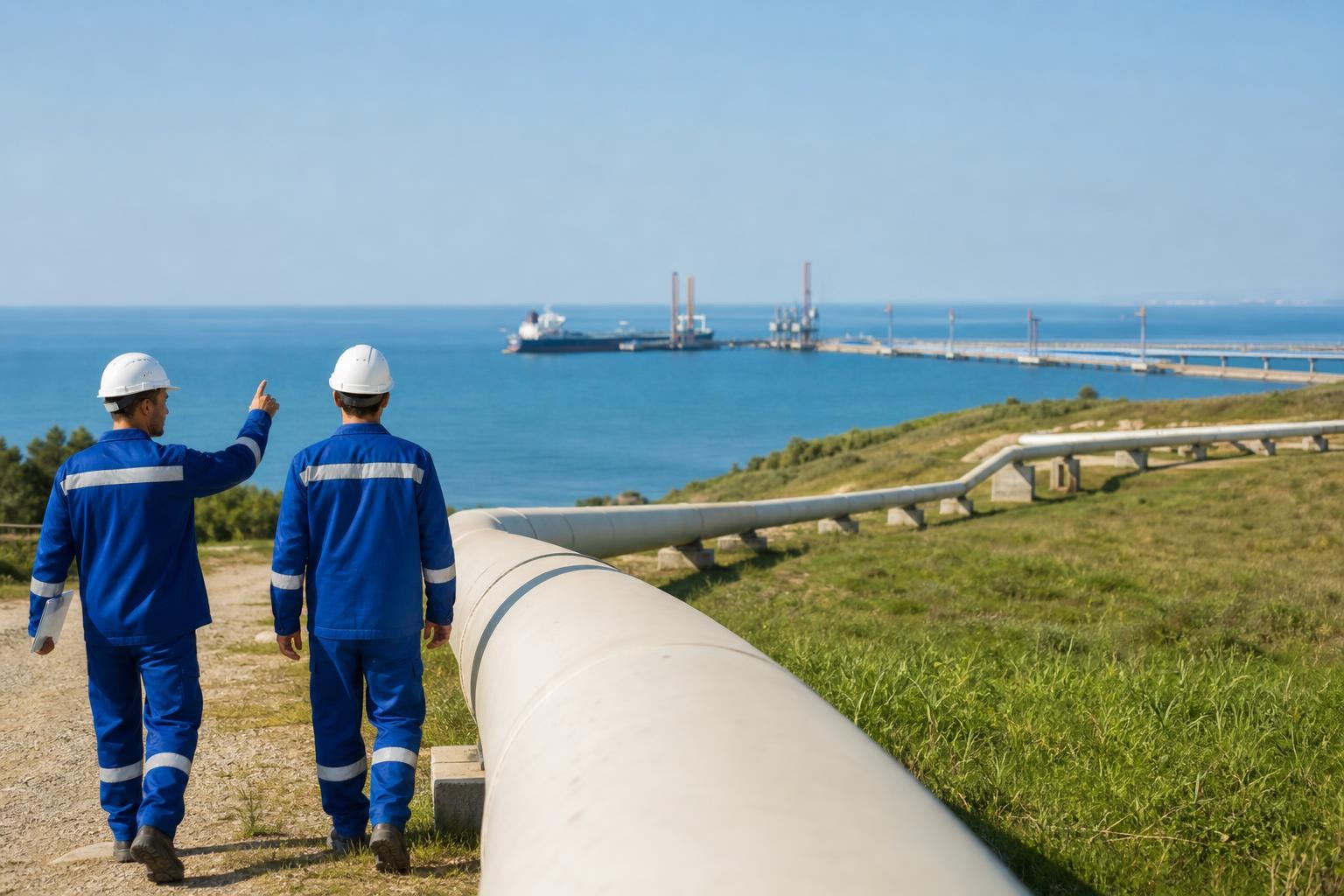 Two engineers in blue overalls and white hard hats walk alongside a large white pipeline leading toward a coastal oil terminal and tanker ship.