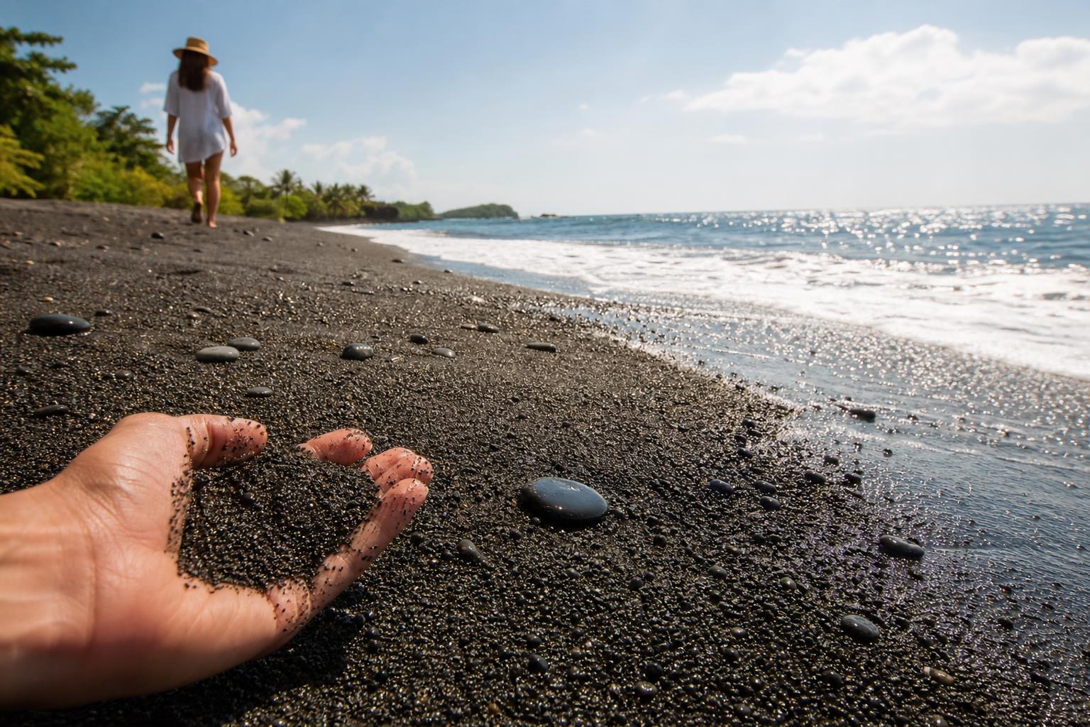 Close-up of a hand holding coarse black volcanic sand on a tropical beach with a woman walking toward the ocean in the background.