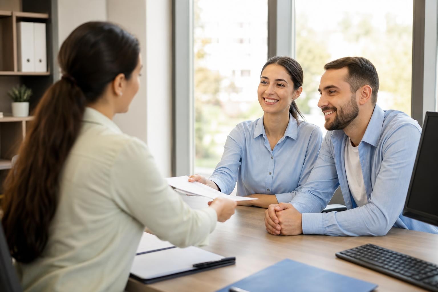 Smiling couple in blue shirts handing paperwork to a female official at a wooden desk in a bright, modern office.