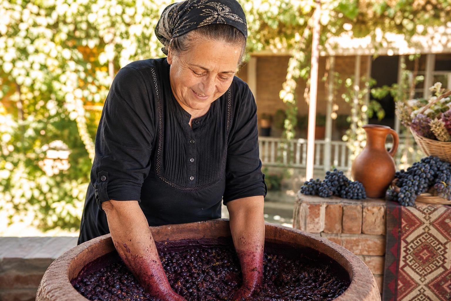 Smiling Georgian woman in a headscarf crushing dark grapes by hand in a large clay qvevri outdoors, surrounded by vines and a clay wine jug.