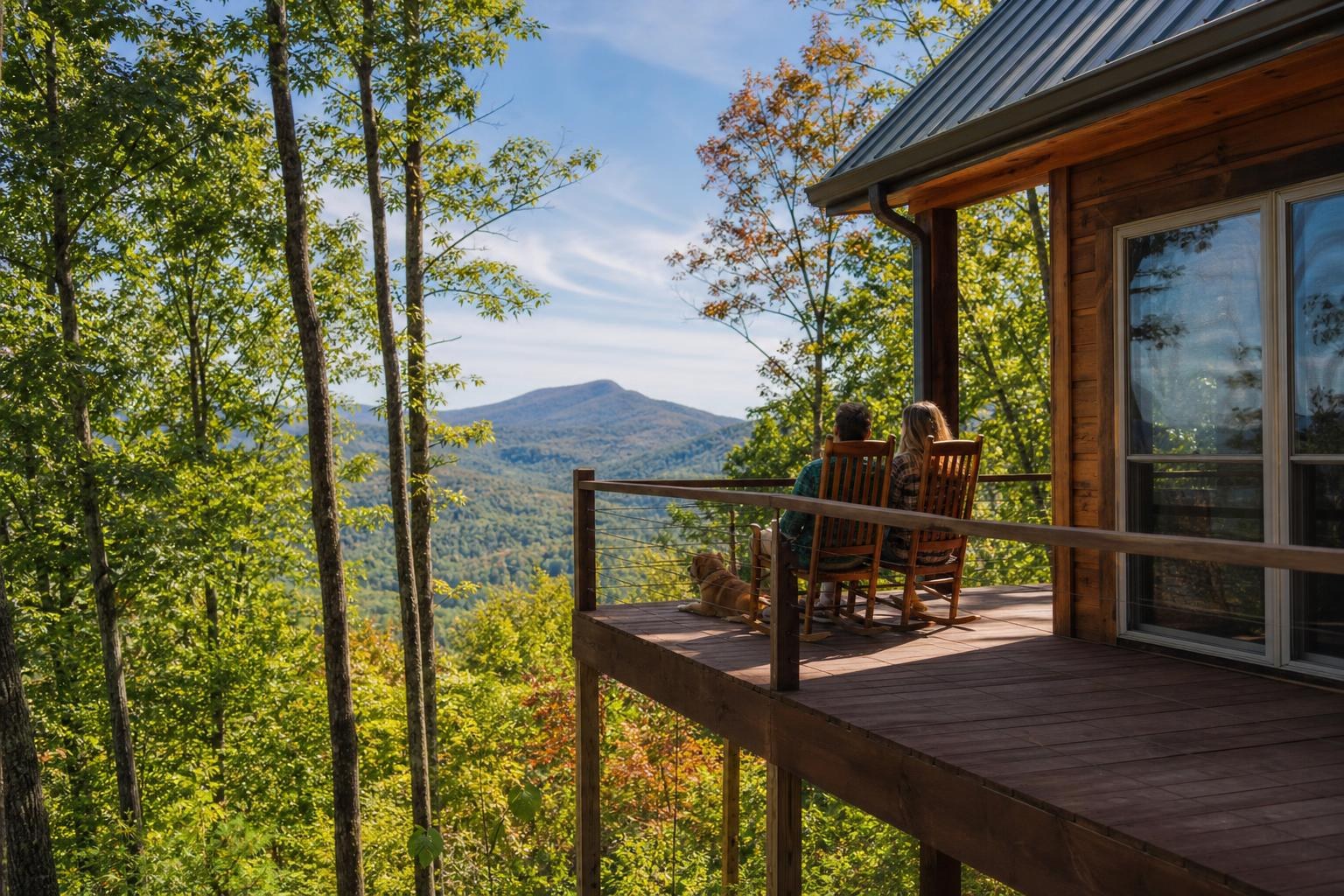 Couple sitting in rocking chairs with their dog on a wooden cabin deck overlooking lush green mountains under a clear blue sky.