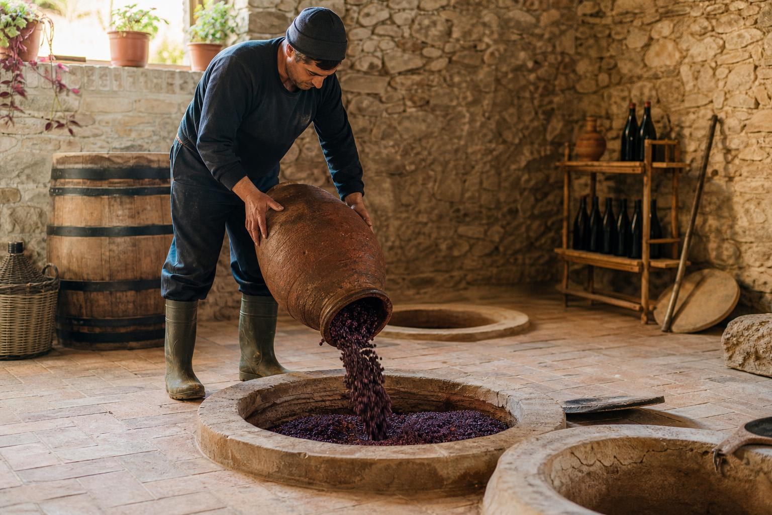 A winemaker pours crushed red grapes from a clay vessel into a traditional qvevri buried in the floor of a rustic stone cellar.