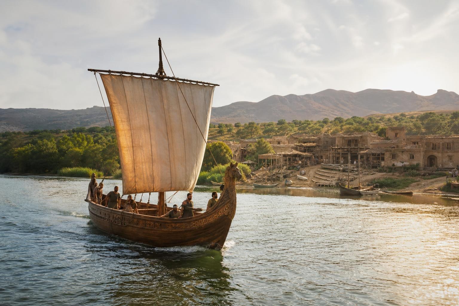 Ancient wooden galley with a horse-head prow and tan sail navigating a river toward a stone village nestled against sunlit hills.