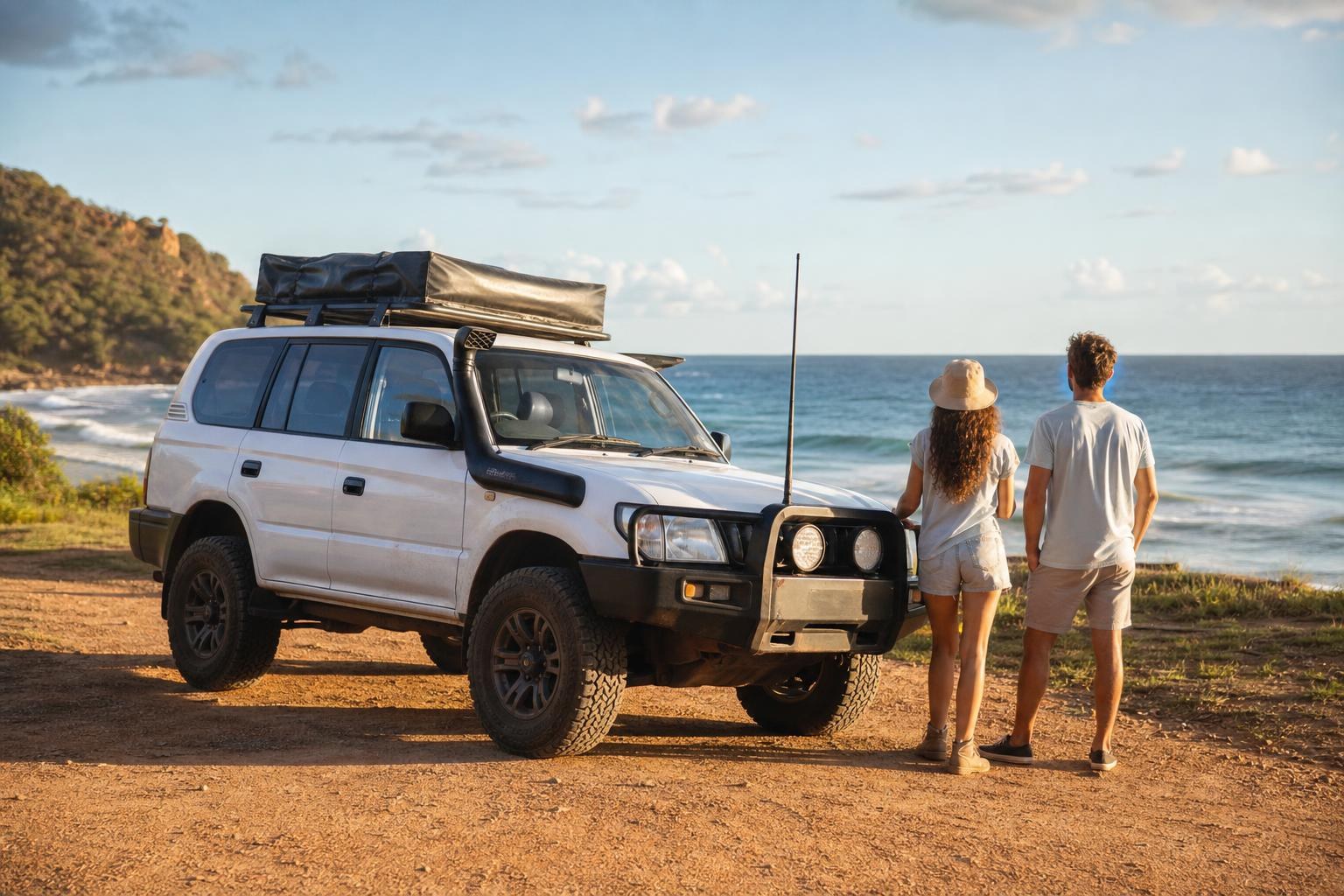 White 4x4 SUV with a rooftop tent parked on a coastal cliff as a couple looks out at the ocean waves during sunset.