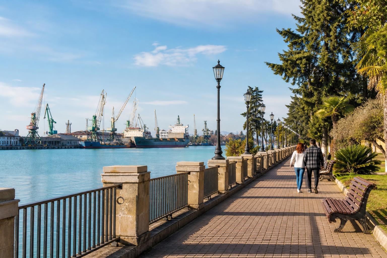 Couple walking along a sunlit waterfront promenade in Poti, Georgia, with industrial harbor cranes and ships across the blue water.
