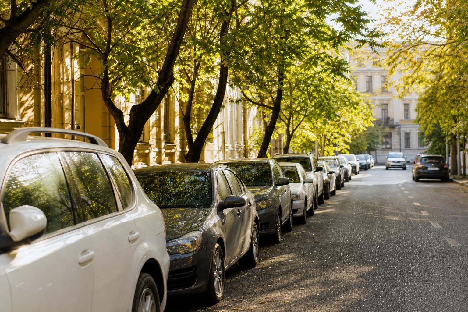 Cars parked in a long row along a sunlit city street lined with lush green trees and historic European-style buildings.