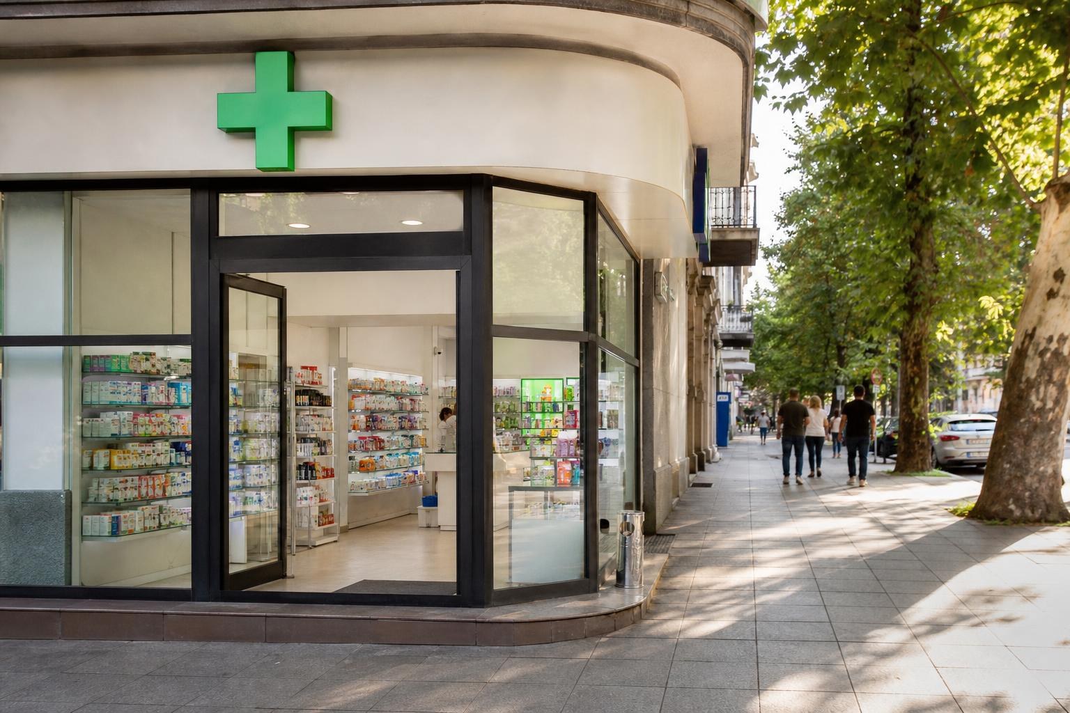 Modern pharmacy storefront with a green cross sign on a sunny tree-lined city sidewalk with pedestrians walking by.