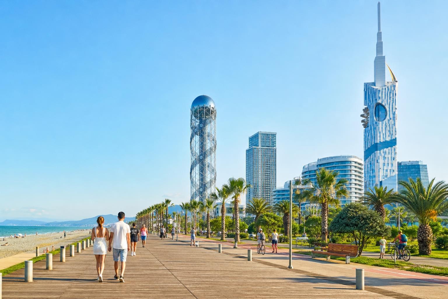 People walking along the Batumi Boulevard boardwalk past palm trees, the Alphabetic Tower, and modern skyscrapers under a clear blue sky.
