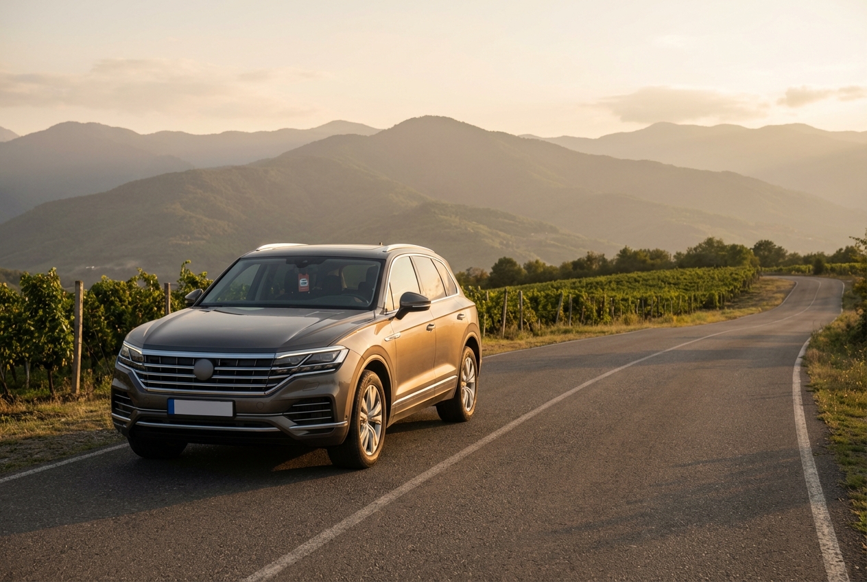 Dark SUV parked on a winding road next to a vineyard, with hazy mountains and a golden sky at sunset.
