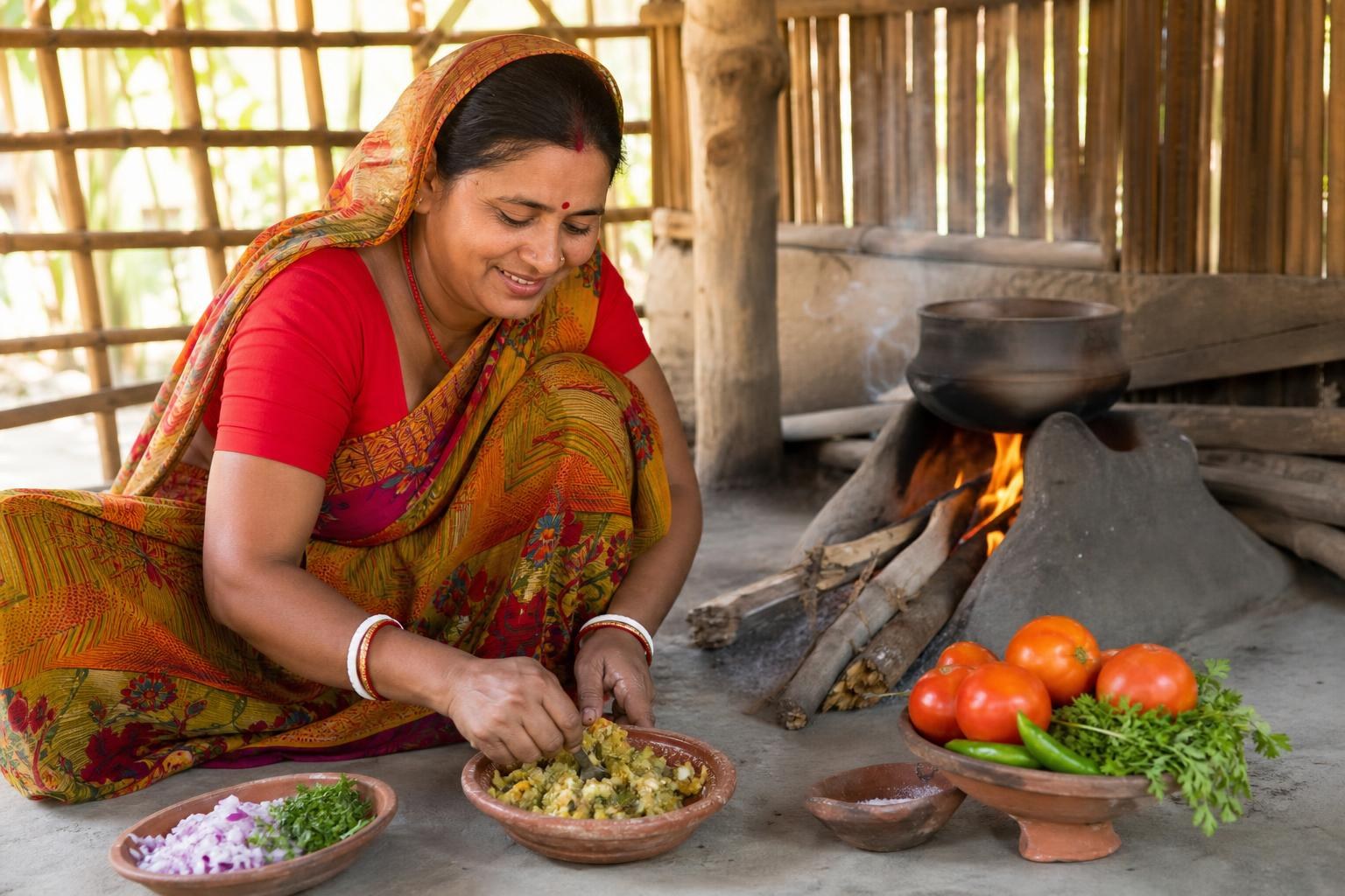 Indian woman in a colorful saree mashing chokha in a clay bowl next to a traditional wood-fired stove and fresh vegetables.