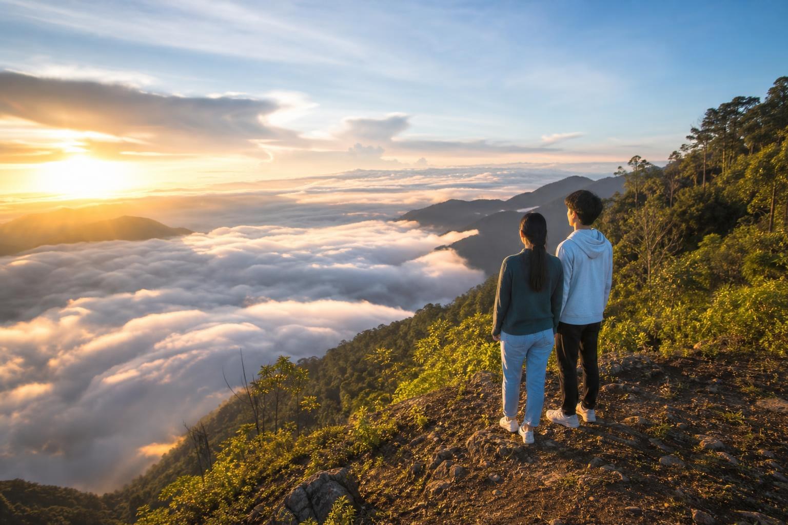 Couple standing on a rocky mountain peak at sunset, looking out over a vast sea of white clouds filling the valley below.