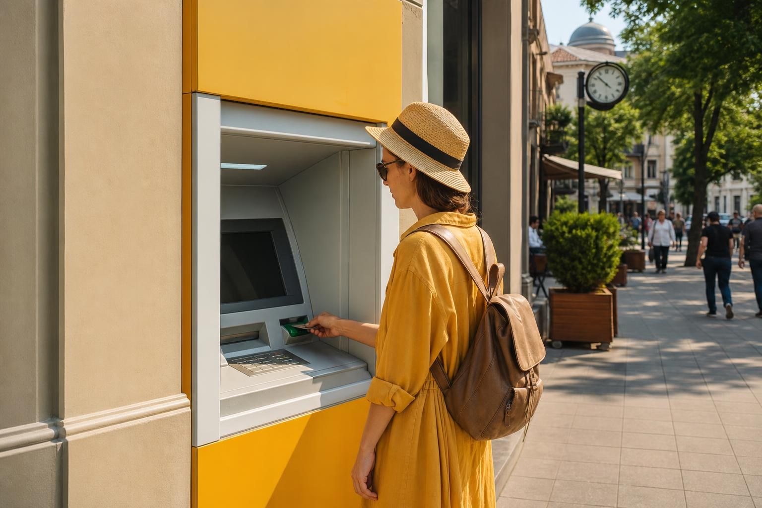 Woman in a yellow dress and straw hat inserting a card into a bright yellow ATM on a sunny city sidewalk.