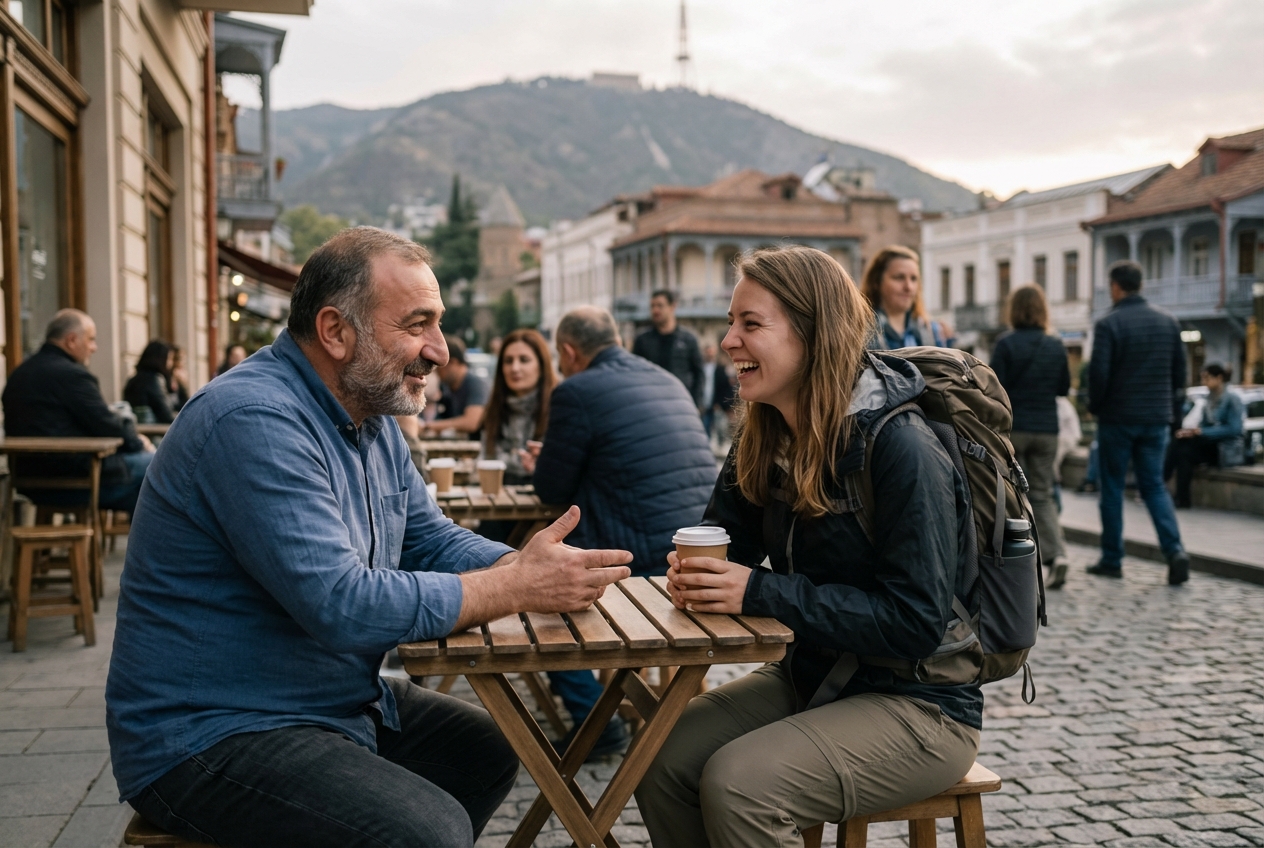 A smiling man and woman with a backpack chat at an outdoor cafe on a cobblestone street in a European city.