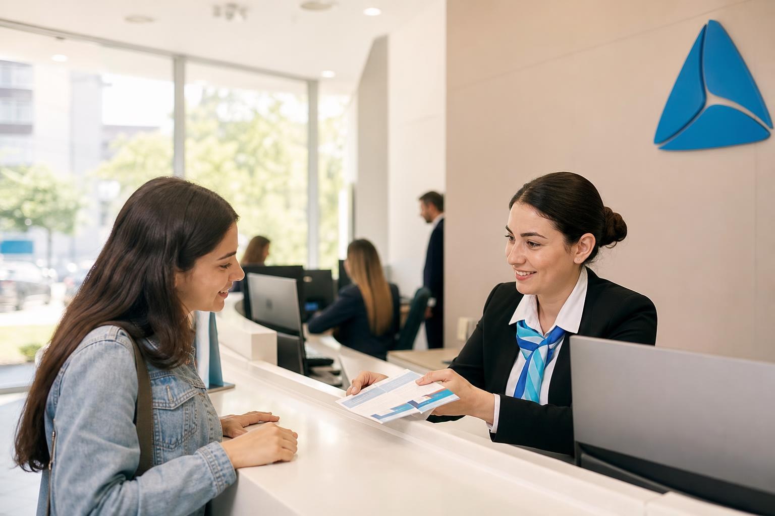 Smiling bank teller in a black blazer and blue scarf handing documents to a customer at a bright, modern TBC Bank branch counter.