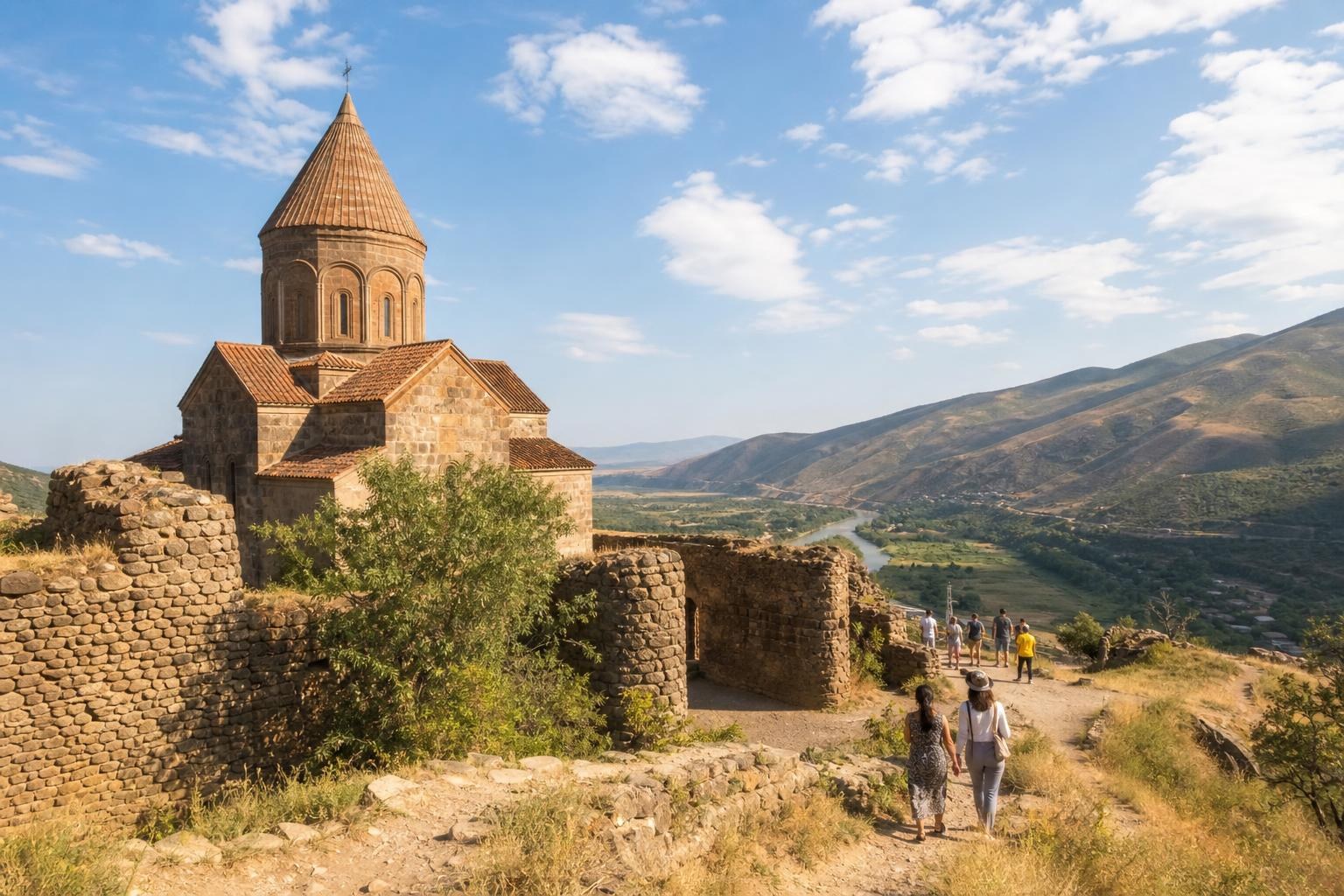 Ancient stone church with a conical dome overlooking a river valley and rolling mountains under a bright blue sky.