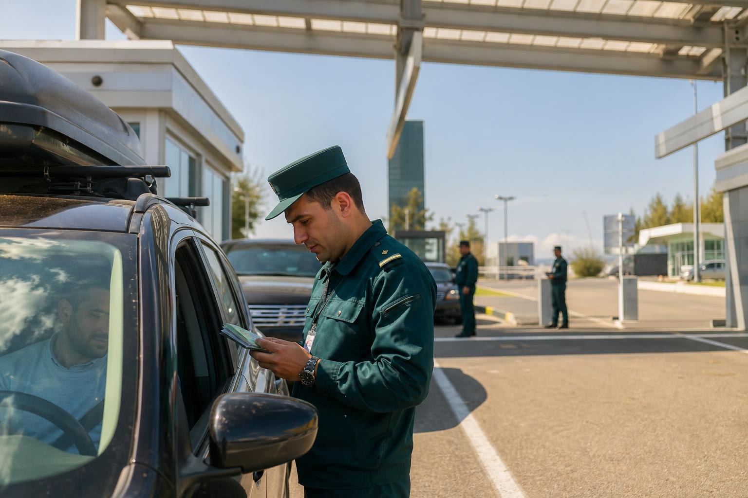 Border guard in a green uniform inspecting a driver's passport at a sunny outdoor vehicle checkpoint.