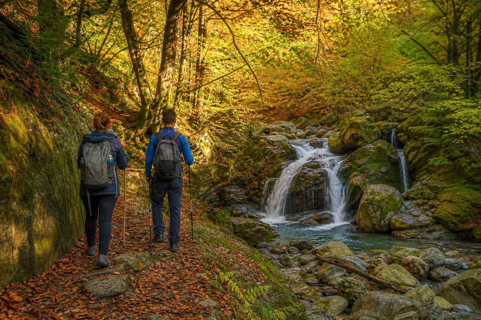 Two hikers with backpacks walk along a leaf-covered trail toward a small waterfall surrounded by vibrant yellow and orange autumn foliage.