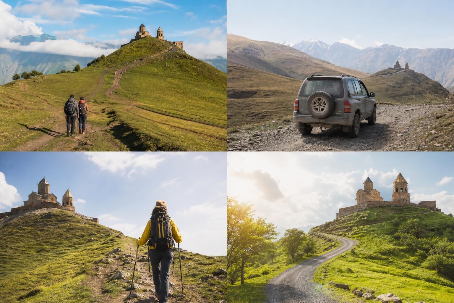 Four-panel collage showing hikers on dirt paths, an SUV on a mountain road, and Gergeti Trinity Church atop a green hill in Georgia.